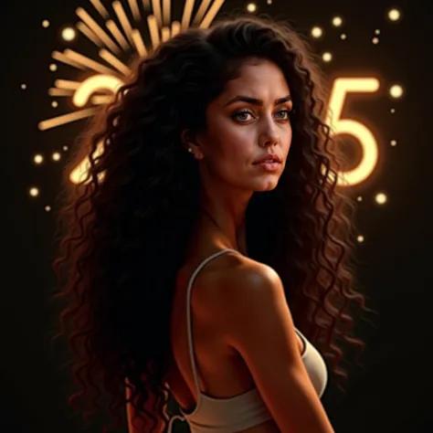 a beautiful, detailed girl, Depict a 33-year-old Italian woman with long, frizzy, black, curly hair, tan olive skin, and dark eyes. She is tall, slender, and has a curvy, athletic figure. She has toned legs and graceful hips. Happy New Year 2025, New Years...