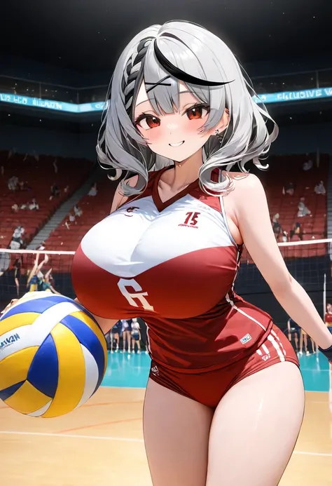 ( top quality  , 8k , masterpiece ),  girl  , young , 1 person , sakamata chloe ,  hololive  , Silver Hair , Big Breasts , smile ,  like heaven ,  red cheeks  , A rich variety of skin tones  , ( volleyball uniform , shorts , buruma :1.2) , ( huge breasts:1...