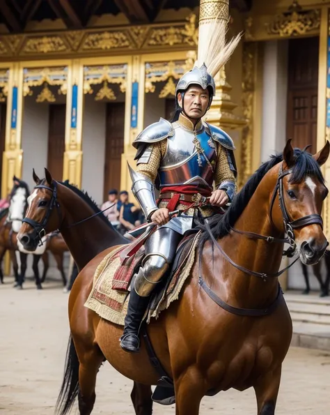 Please draw a picture of the general, Mahabandhula, in front of the walls of Mandalay Palace, in full armor, riding a large brown horse with a sword, commanding his soldiers.