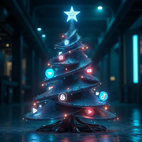 Christmas tree with toys with telegram, tiktok, youtube logos. Cyber, techno