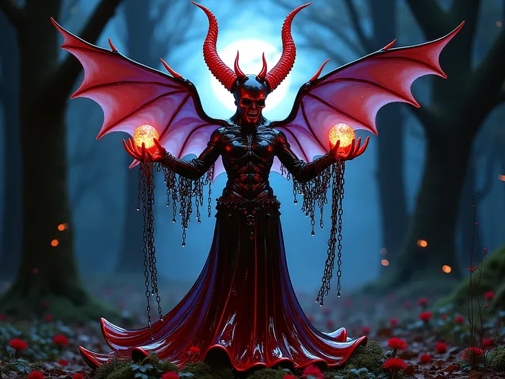 ALL GLASSBLOWING VAMPIRE STYLE DOLL MAN devil Big baphomet big horns floating chains persons attached Big ring alcove dc comics style glassblowing trees flowers clouds vampire coffin blood fancy night moon spark of blue light bats red purple blue cream