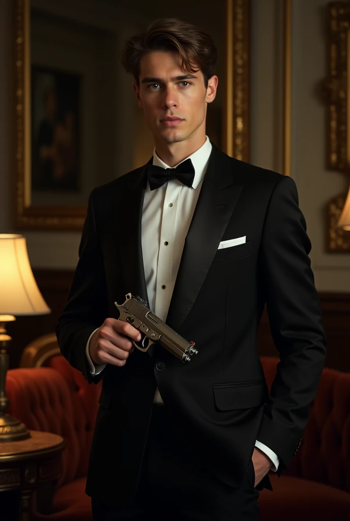 "A young, tall man with short brown hair, styled in the classic 1961 hairstyle. He is dressed in a sleek, formal black dinner jacket, the fabric reflecting subtle light as he stands with a serious expression on his face. His posture is confident and poised...