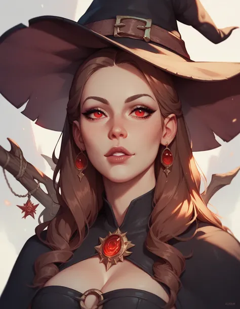 head, female, long brown hair with layers, red eyes, witch, red and black clothes, fantasy, Dungeons and dragons