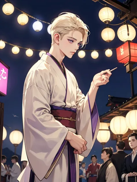 A boy with cream beige-colored and purple eyes. wear kimono, he at festival japanese at night. slicked back short hairstyle. cool boy