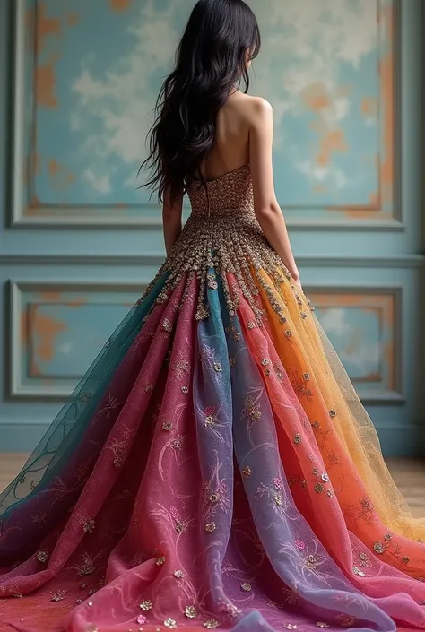 A girl wearing long beautiful gown of multicolour , picture from back , dont show backless, full body covered 