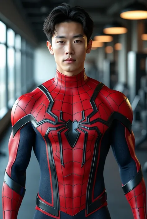 Handsome and sexy Korean teenager, teenager, young, male, wearing Iron Spiderman costume while showing his sixpack abs, muscular, sixpack, young, front view, Korean idol, hot, very muscle, very horny biceps and triceps, photo realistic, realistic, 8k, UHD,...