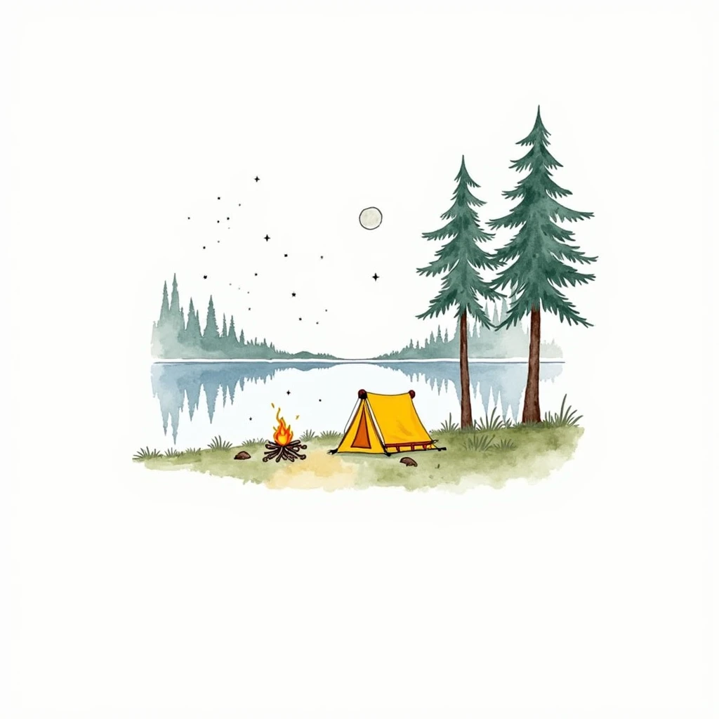 A watercolor painting depicting a serene camping scene at night. A small, yellow tent is positioned near a campfire on a grassy field next to a lake.  Dark green pine trees line the shoreline of the dark blue lake.  The scene is set under a night sky, with...