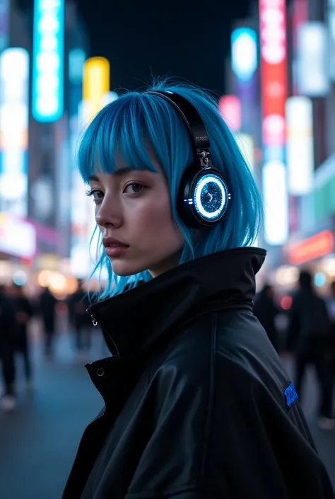 [Type of Image: Futuristic streetwear editorial showcasing Astraë headphones]
A young model with bold, dyed blue hair and a futuristic outfit (sleek black jacket with glowing accents) is wearing sculptural Astraë headphones. The headphones have an asymmetr...