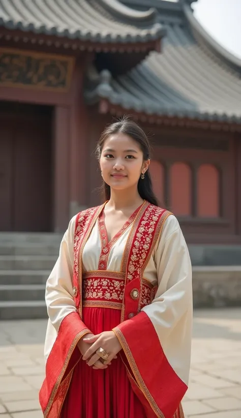 A 35-year-old woman in a traditional outfit, posing in front of a historic building.