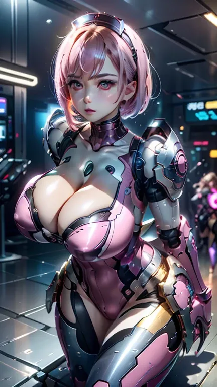  highest image quality taken by Ki、8k、Realistic、 girl 、 Android 、1 person,  cyberpunk、 near future city,Highlight buttocks、leaning on a wall,high resolution, masterpiece, high quality, perfect face, Elenor, (robot, silver metal body), solid pink eyes, pink...