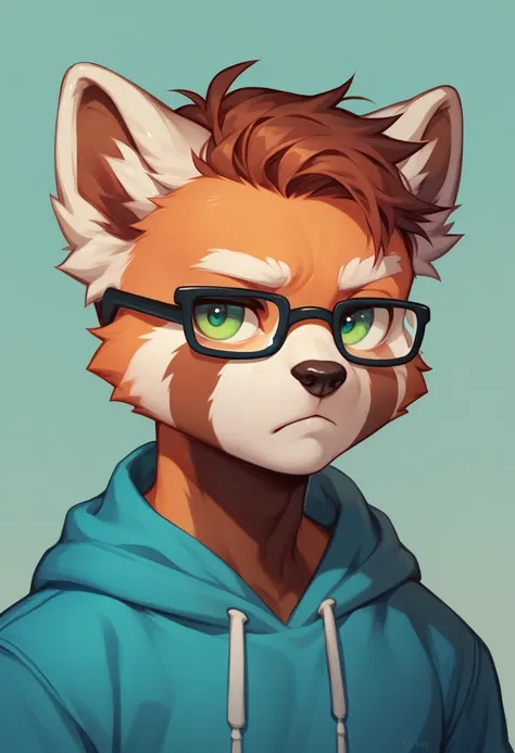 a male red panda, portrait, green eyes, glasses, solo, blue HOODIES, chibi, bored, expressionless, no background