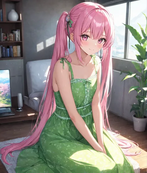 1girl, solo, Pink Shine Bright Hair, hair between eyes, Long hair, twintails, aesthetic detailed eyes, (Pink shiny Bright Eyes), bright pink eyes, looking at viewer,(pale cheeks), (skin colored cheeks), Mesmerise, Little smile, closed mouth, small breasts,...