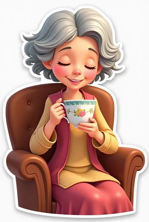 Disney classic pixar style .   sticker on a white background .  rens illustration . A kind gray-haired grandmother is sitting in a chair and drinking tea from a beautiful cup.  smiles. cute. cozy.