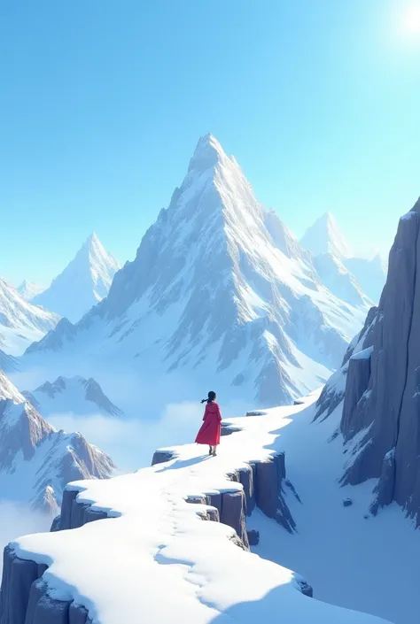 A lonely, beautiful 3D landscape of high, snow-covered mountains. Princess Mei, dressed in simple clothes, walks alone on a narrow mountain path, looking small against the vastness of nature. The clear blue sky symbolizes hope and resilience, with a serene...