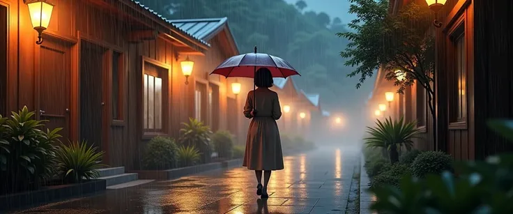 night. fog. rain. rain 오는 풍경. night fog가 낀 베트남 사파 night 풍경. Back view of a beautiful woman with short to medium length hair walking while wearing an umbrella. rain오는 풍경이 사실적이고 현실적이다.
