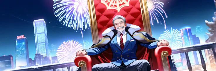 score_9,score_8_up,score_7_up,rating_safety,source_manga,masterpiece,best quality,hyper detailed,super fine illustration,8k,cinematic angle,BREAK 1 old man,solo,45yo,grey hair,vampire fang,smile,mens suits in coat,sitting throne,BREAK happy new year,snow,f...