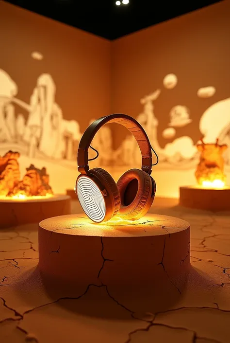 [Type of Image: Immersive store installation for Sand Dune Headphones]
An abstract installation showcasing Sand Dune Headphones on a pedestal resembling cracked desert earth. Holograms of desert wildlife and restoration efforts surround the headphones. The...