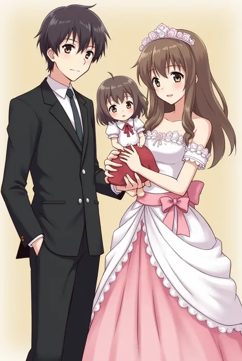 Two beautiful Japanese women who are married to each other, one of them is wearing a black formal suit with short hair and the other is wearing a beautiful white and pink dress with long hair, and in the middle of them is a cute  who is their daughter.