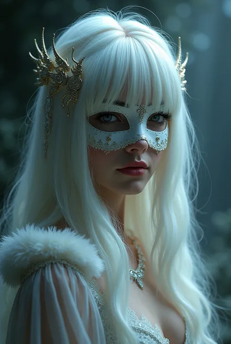 The Head Witch known as Princess Seraphina Karapandza Valarys, she has white hair with bangs but also wears a masquerade white mask