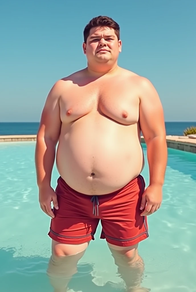 a fat teen guy , Bareback wearing swimsuits with big belly and handsome face