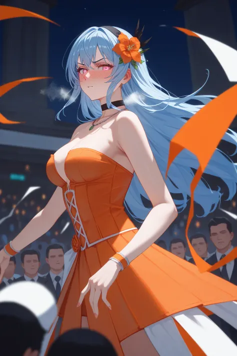 rocbouquet, romancing saga 2, seven heroes, pink eyes, light blue hair, bangs, long hair, orange Flower hair ornament, black hairband,choker, necklace,(looking at viewer) ,pale orange corset dress,mini dress
BREAK
18 year old woman、tall woman,medium breast...