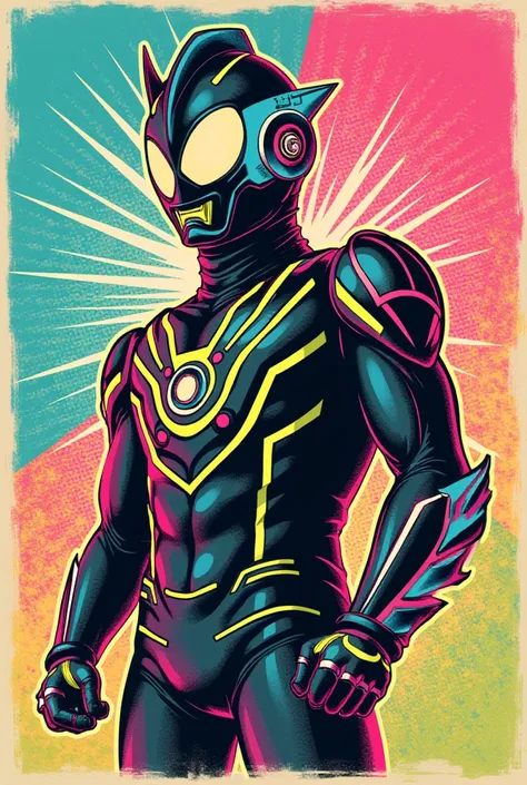 "A bold and vibrant image of Ultraman Taro in mismatched bright neon colors, with a retro vintage twist. The design features Taro in a heroic pose, outlined with thick black lines and filled with electric blue, hot pink, and lime green accents. The backgro...