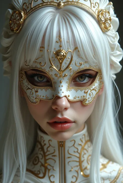 The Head Witch known as Princess Seraphina Karapandza Valarys, she has white hair with bangs but also wears a masquerade white and gold design mask