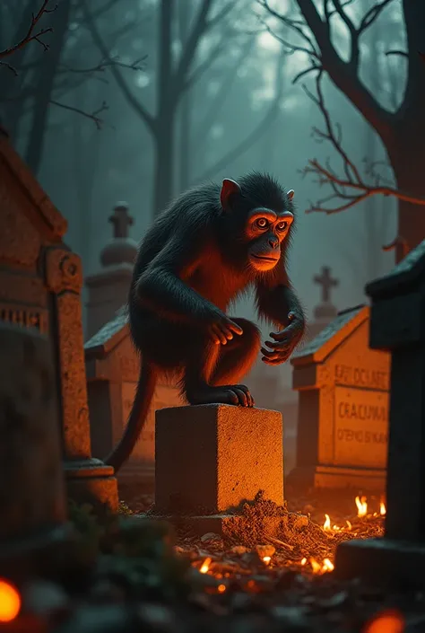  In the middle of the night ,  a cemetery shrouded in flames rises in a creepy atmosphere .  The headstones ,  illuminated by a pale orange glow ,  cast dancing shadows on stone walls .  In the center of the scene ,  a monkey with untidy fur and crazy eyes...