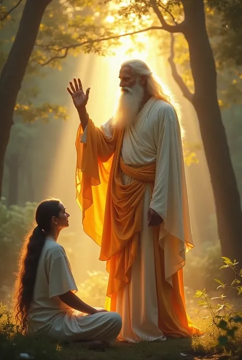 A mystical sage (Guru Gorakhnath) in white and saffron robes with long hair and a flowing beard, appearing before a meditating woman in a glowing light. He raises his hand in blessing, surrounded by a radiant aura. The setting is a peaceful forest clearing...