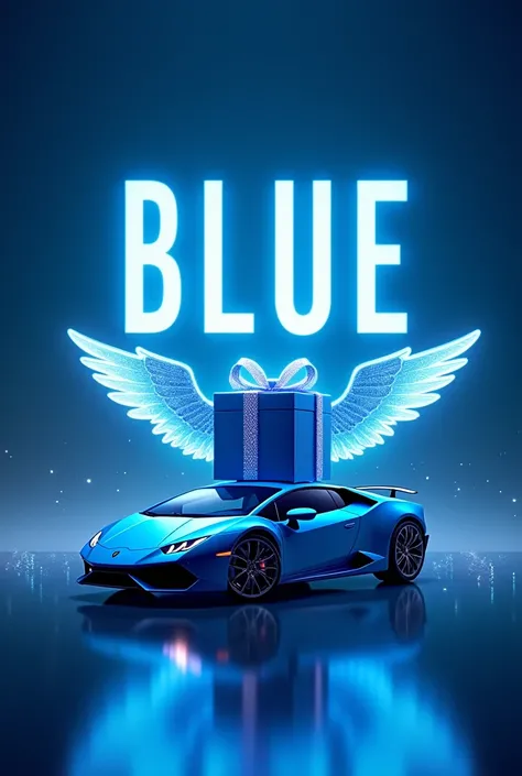 "Create a high-resolution image featuring a luxury sports car, specifically a blue Lamborghini, positioned at the center of the frame on a reflective surface that enhances its sleek design. Above the car, include a large gift box with angel wings extending...