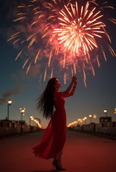 A photo of beautiful Indonesian woman smiling sweet long black hair Curlly wearing bando The woman wearing red color dres wearing high heels is standing on an airy ground and hand holding a mobile phone The woman wants to ber selfie the background of the b...