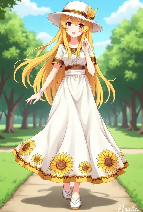  Manga A Girl skin white , long hair colour yellow and gold gradient , wear outfits dress , hat , shoes  colour white patchwork pattern sunflowers  border brown and yellow  , walking in the park  and graden , manga style . 