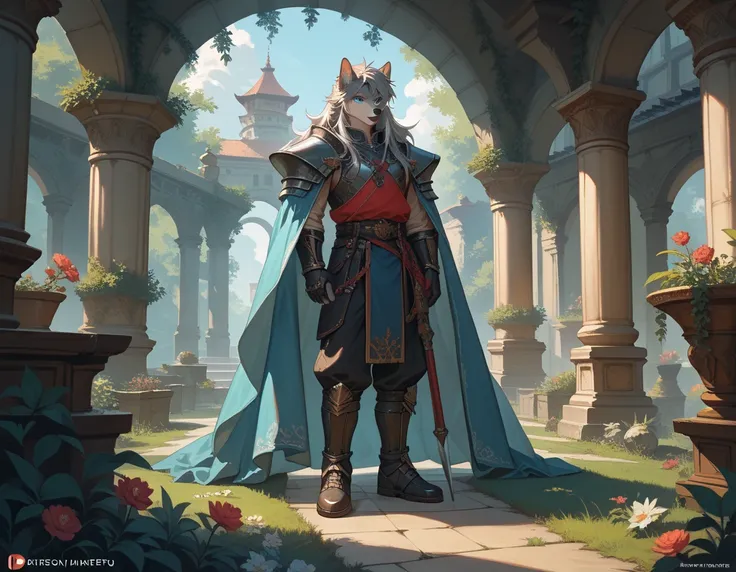 ( unique ),  male anthropomorphic gray wolf,  gray fur , Dark beige long haired ,  blue eyes, warrior, Hanfu, royal， boy, Slim ，In the Garden