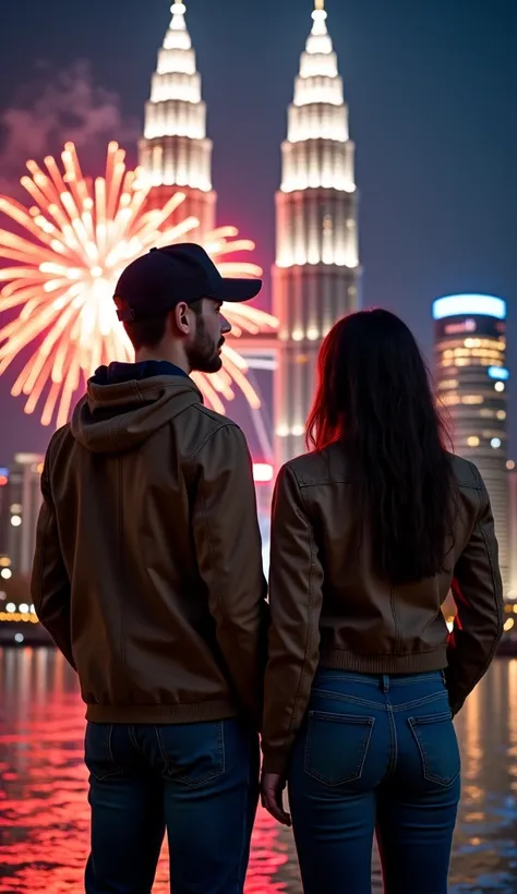 A handsome cool guy strapping a baseball cap wearing a casual switer jacket , jeans shoes ,  sneakers, duduk berpelukan tersenyum manja dengan wajah kedepan bersama seorang wanita cantik keren mengenakan jaket switer kasual celana jeans  sneakers,, profess...