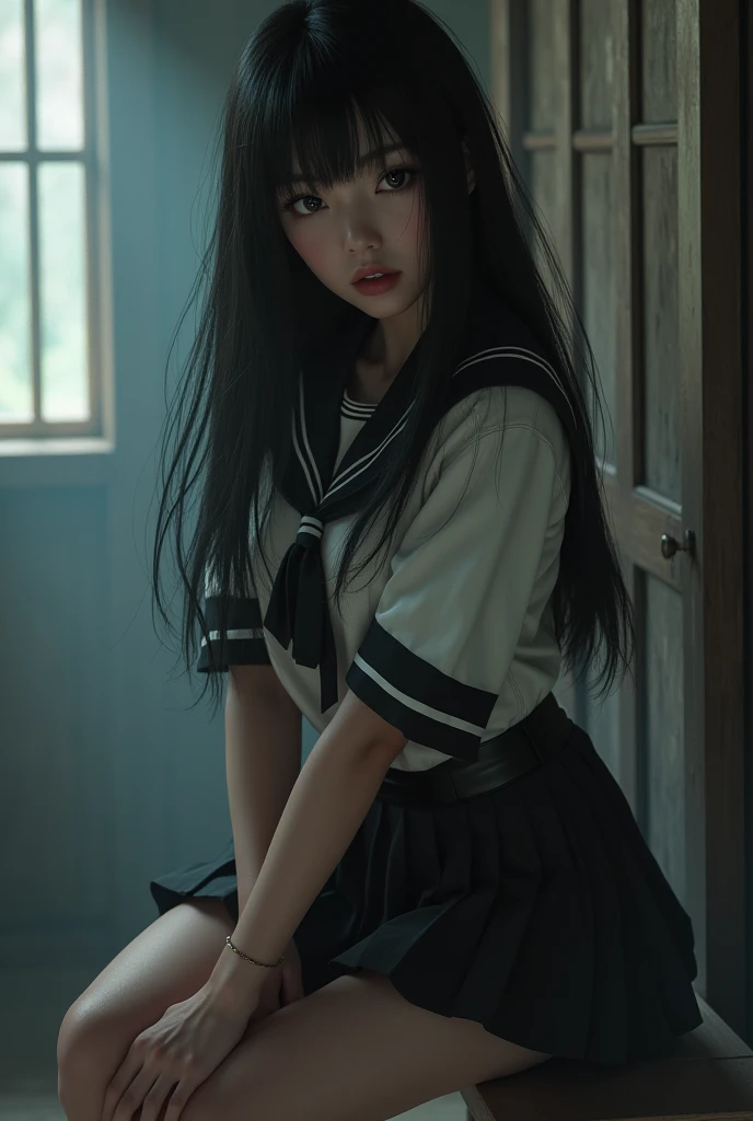 A Japanese schoolgirl with jet-eyed ,  black hair in a classic Japanese uniform with a very short skirt with her hair down to her back 