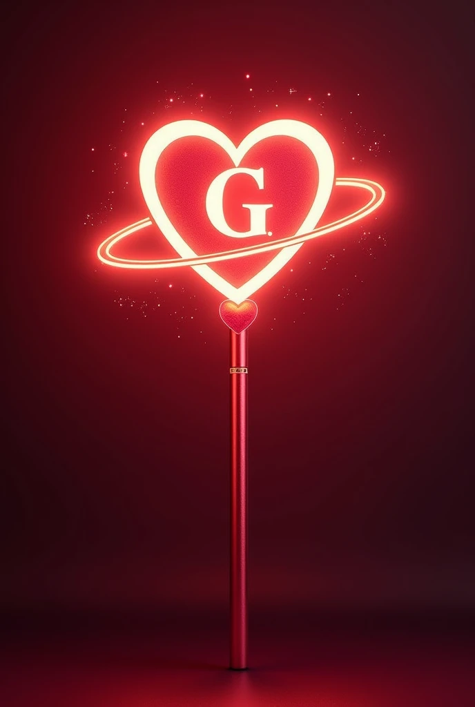 lightstick kpop girlgroup name girlverse. The color is red and white its look elegant , The lightstick shape shaped like a heart with the letter G in the middle surrounded by an orbit inside