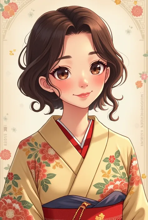 Thailand woman Miss Sukritta Boonyodom, 52 years old, fair skin, wavy brown hair, 160 cm tall, wearing a traditional japanese kimono , cute anime illustration