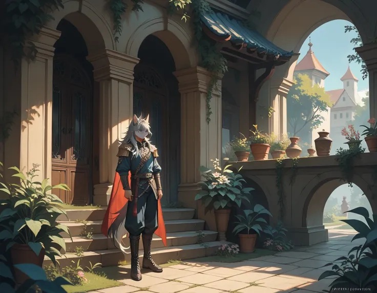 ( unique ),  male anthropomorphic gray wolf,  gray fur , Dark beige long haired ,  blue eyes, warrior, Hanfu, royal， boy, Slim ，In the Garden