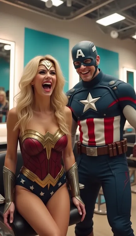 
Captain America and Wonder Woman are laughing hysterically with their mouths wide open, appearing exaggerated and over-the-top in a modern hair salon. Wonder Woman has blonde hair, glamorous makeup, and a stylish salon outfit. The background features chic...