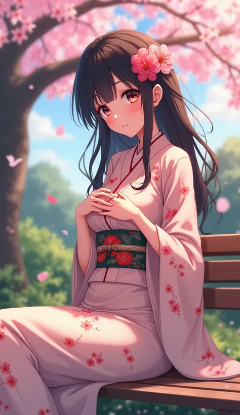 Anime cute girl in kimono sitting on a bench under a cherry blossom tree, petals floating in the breeze, squeezing massive cleavage
