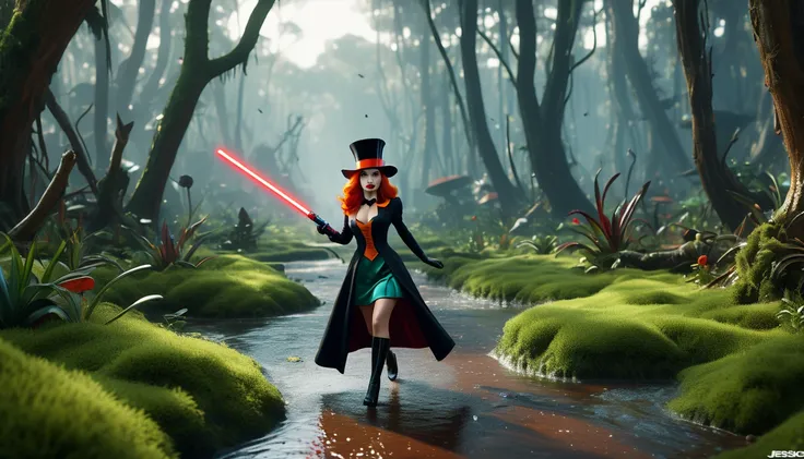  realistic 3d cartoon style ,  Crazy Hat Shop Holding a Red Lightsaber in Her Hand  ( The Hatter Has a Red Lightsaber in Her Hand ), ( The Hatter runs down a swamp path ), (( from the Hatter  ( Characters from an Era After Desolate World Run Away) Jessica ...