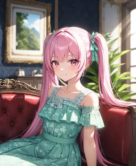 1girl, solo, Pink Shine Bright Hair, hair between eyes, Long hair, twintails, aesthetic detailed eyes, (Pink shiny Bright Eyes), bright pink eyes, looking at viewer,(pale cheeks), (skin colored cheeks), Mesmerise, Little smile, closed mouth, (half body, co...