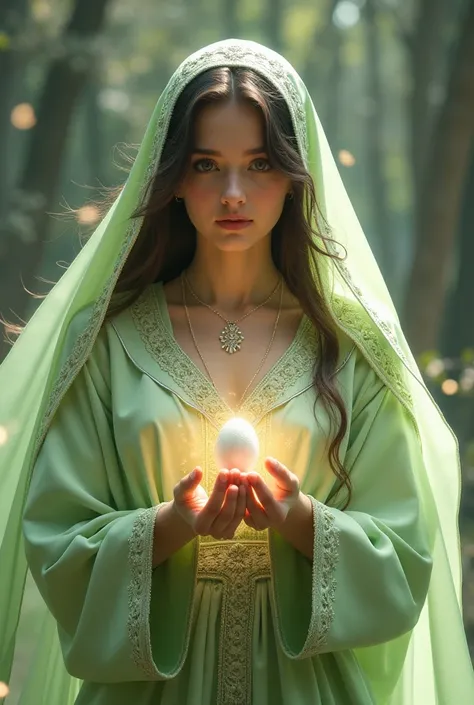 Beautiful Ukrainian TEEN woman. Full body picture. Virgin Mary Hero Costume. Superpower: EASTER EGG. LIGHT GREEN COLORED Hero Costume. 