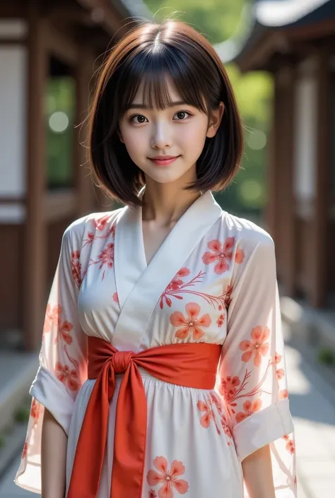 RAW photography of japanese_woman in a beautiful floral kimono is visiting a shrine.
cowboy shot, from below, from side

She is bending forward a little, smiling and looking at us.
She is wearing a flower-patterned silk kimono with a bright obi sash, she i...