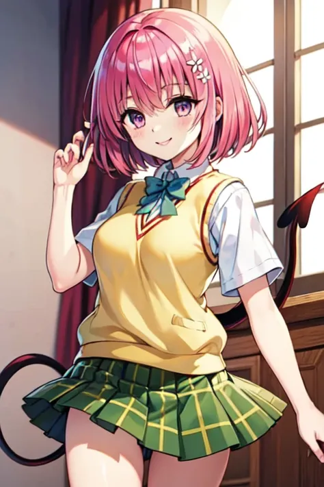 Momo Deviluke,  hair flower,  hair accessories,  purple eyes、  Pink Hair, short hair, Tail,demon Tail,  Sainan High School Uniform,  white shirt,  sweater vest, ( yellow vest :1.1), Short sleeve,  plaid skirt ,  green skirt , Short sleeve, best quality,lig...