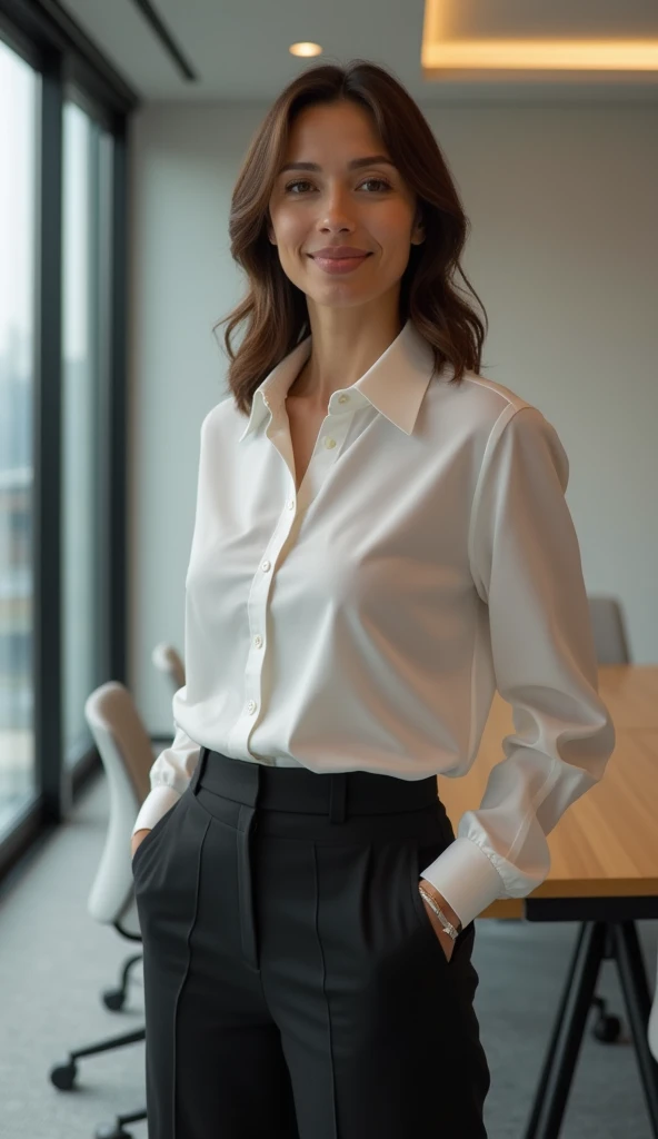 A professional 38-year-old woman in a modest blouse and skirt, standing in a conference room.