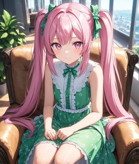 1girl, solo, Pink Shine Bright Hair, hair between eyes, Long hair, twintails, aesthetic detailed eyes, (Pink shiny Bright Eyes), bright pink eyes, looking at viewer,(pale cheeks), (skin colored cheeks), Mesmerise, Little smile, closed mouth, (half body, co...