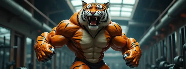 a highly detailed, muscular anthropomorphic tiger in a dynamic bodybuilding pose, showcasing its entire front body from claws to top of head, fully visible, its entire body covered in natural, vibrant orange fur with a subtle sheen, soft texture, and varie...