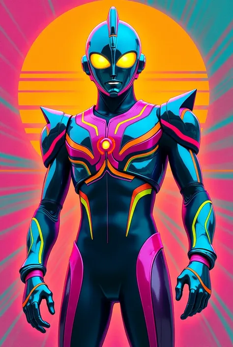 vibrant and colorful ultraman design blending mismatched bright neon hues (electric blue, hot pink, lime green, and fiery orange) with vintage retro aesthetics. The ultraman marvel with visible gears, pipes, and circuits, its body constructed from polished...