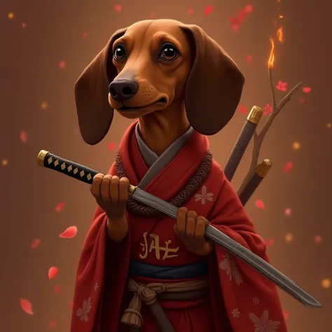 Dachshund Smooth Baird Brown Samurai、I have 3 Japanese swords、 I have a Japanese sword in my right hand、He is holding a Japanese sword in his left hand.、Im chewing on a Japanese sword、My left eye is injured and closed、A male brown miniature dachshund samur...